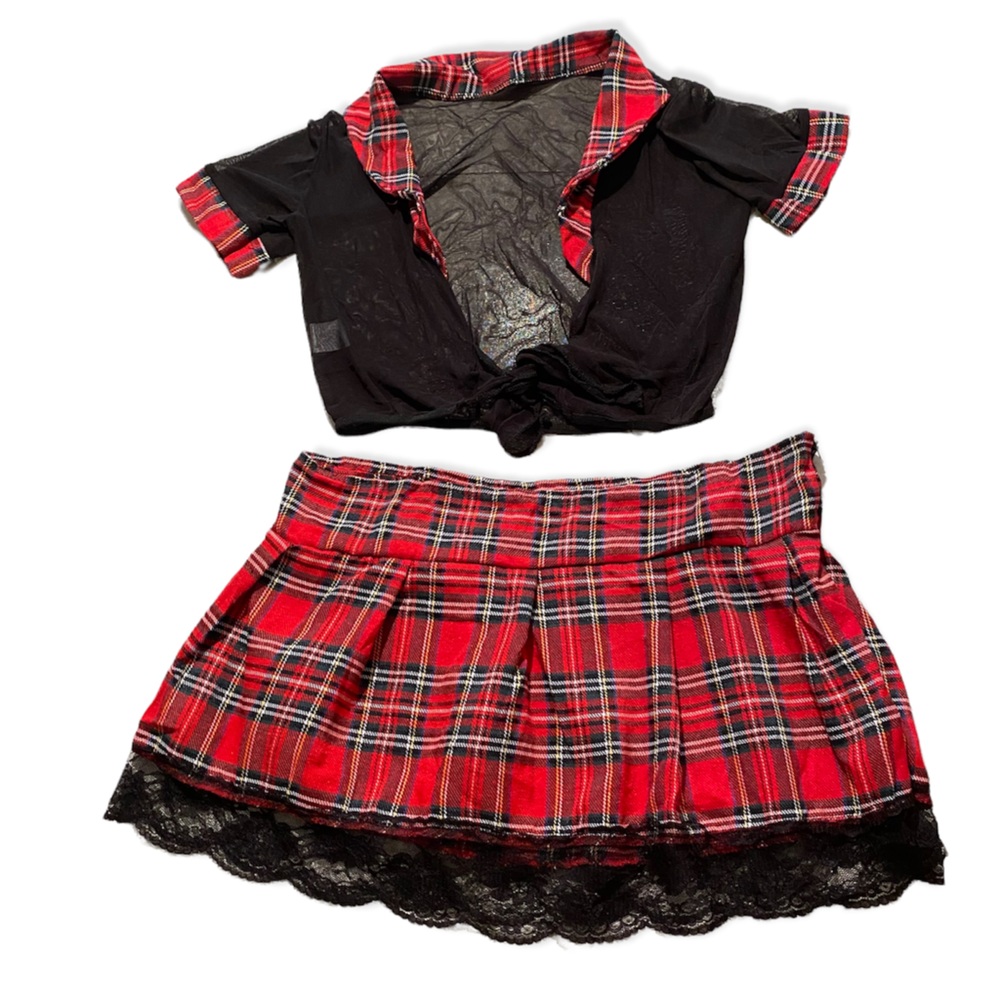 School Girl red plaid mini skirt and top costume